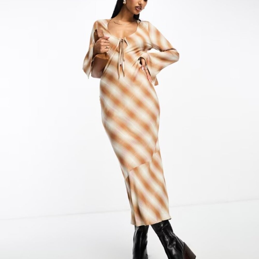 Asos Brown & Cream Plaid Retro Maxi Dress - Size 12